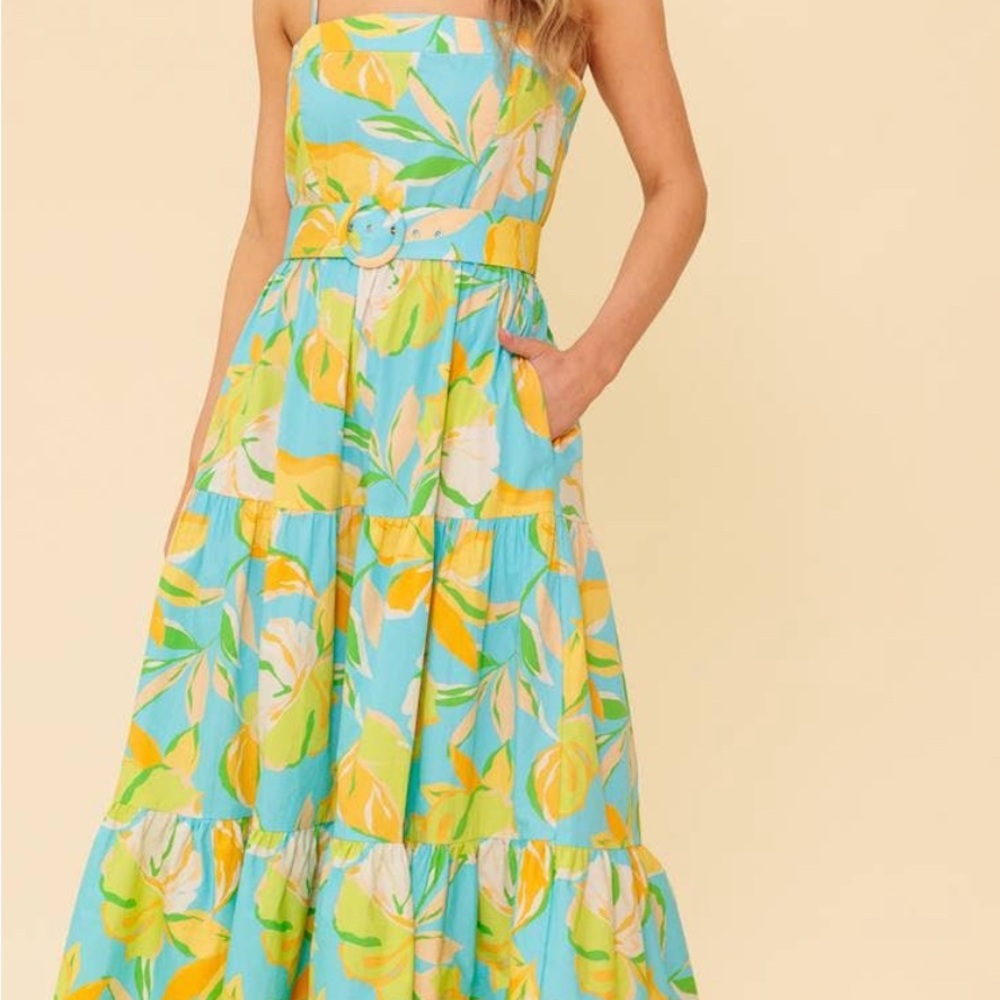 Flying Tomato Strapless Floral Midi Dress - Blue, Yellow, Green